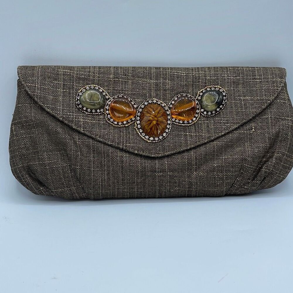 Chico’s tweed embellished gold black clutch